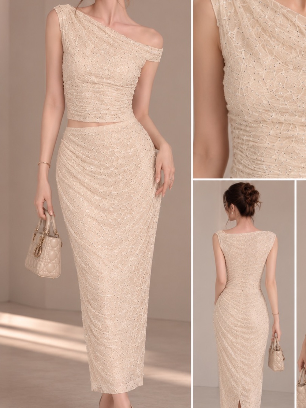 Zara draped laced rhinestones top and midi skirt set